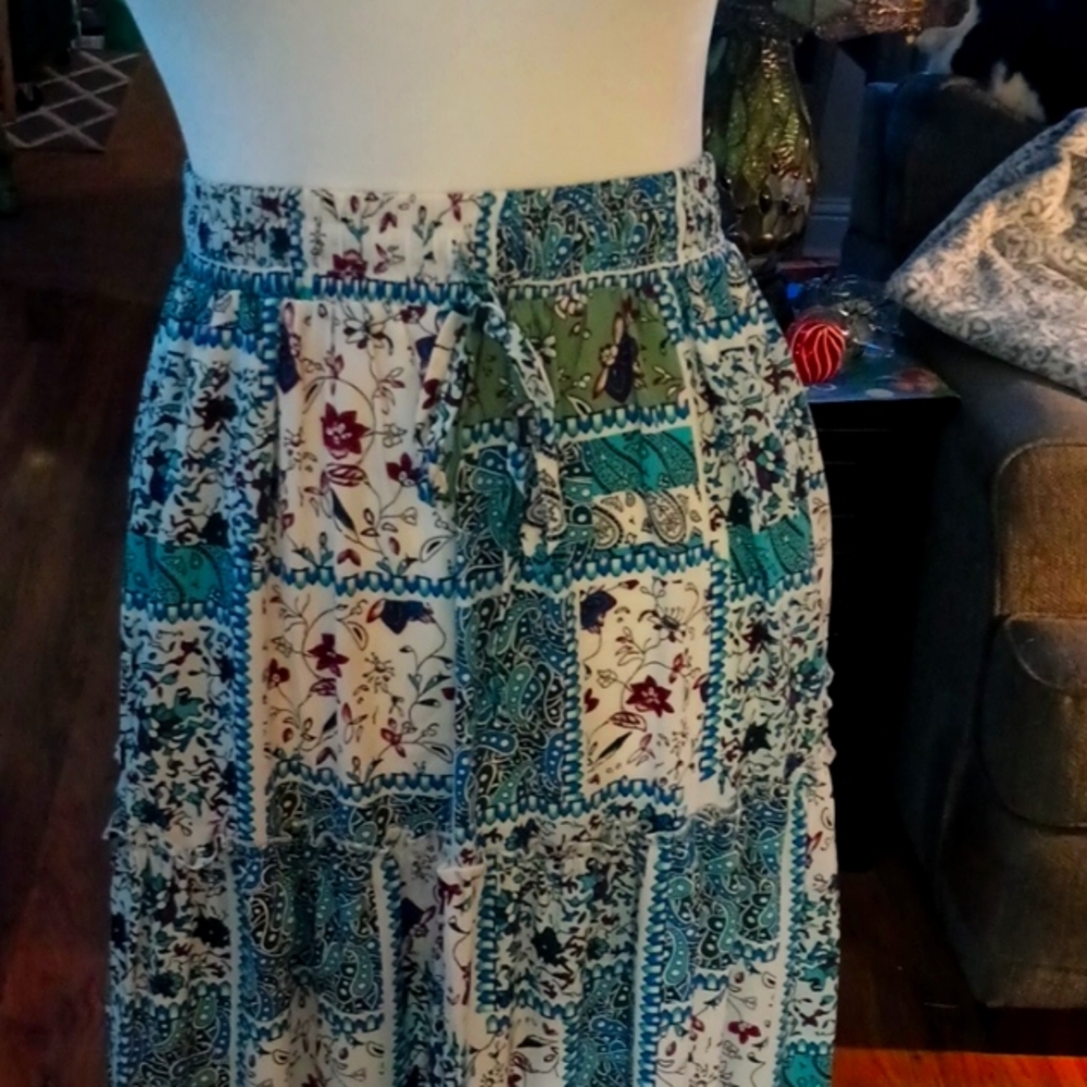 New Blue and Red Tiered By Perbai Maxi Skirt with Tie Front With Out Tag